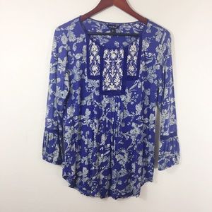 Lucky Brand Blue Blouse Plant Print Size L